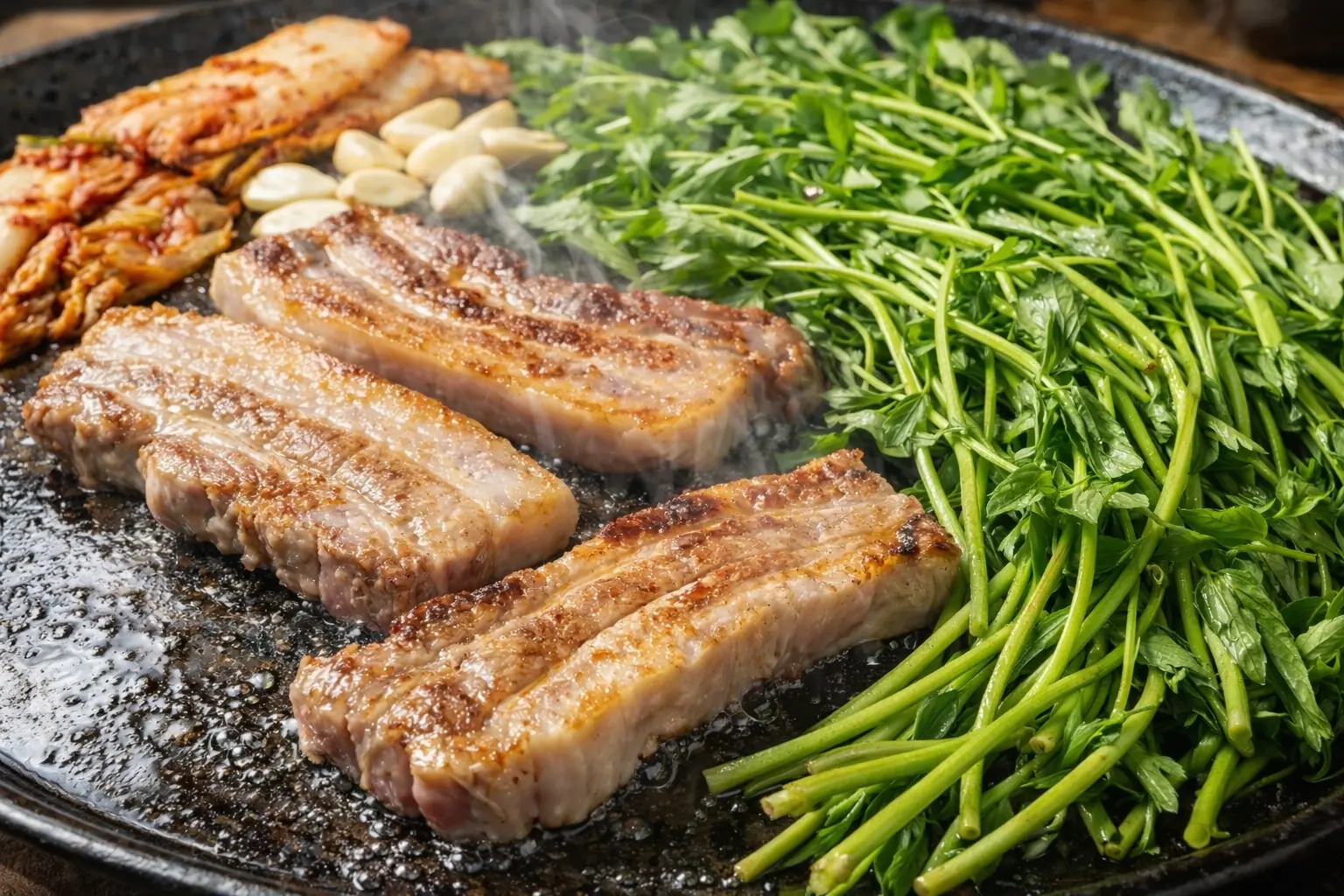 삼겹살과 함께 구워 먹는 청도미나리